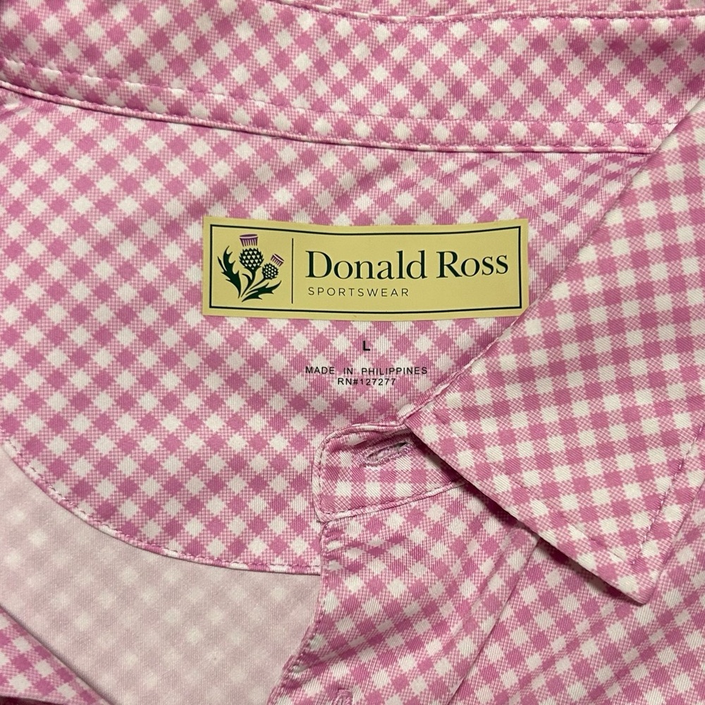 Donald Ross Golf Polo Men’s Large Short Sleeve Shirt Pink Gingham Check Print
